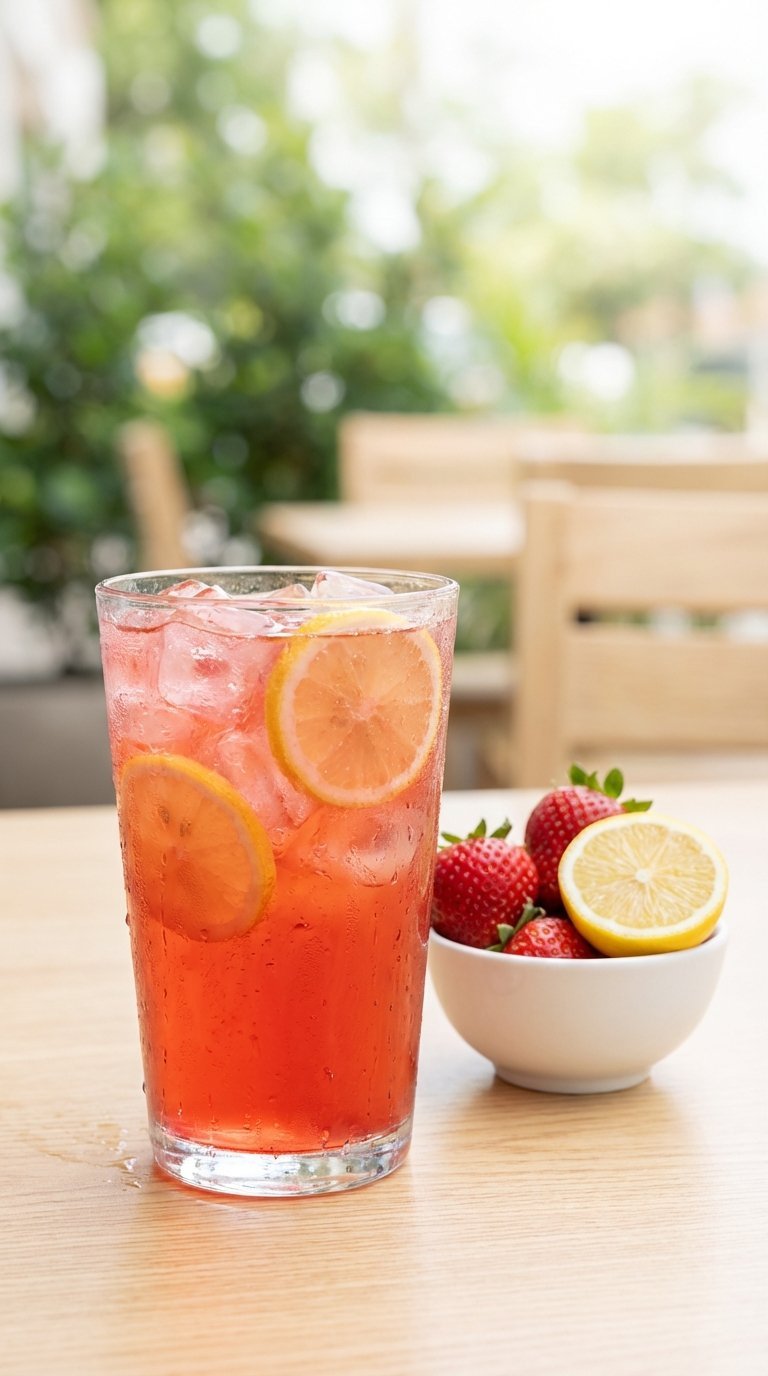 Bright strawberry acai lemonade in clear glass with fresh lemon slices on light wooden patio table.