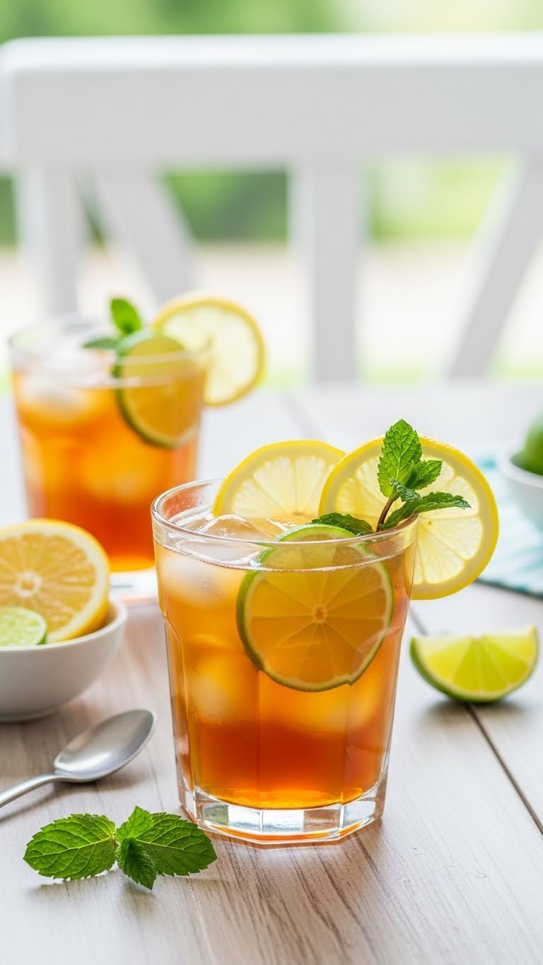 Bright sugar-free citrus zing iced coffee with lemon lime slices mint garnish on light wooden table