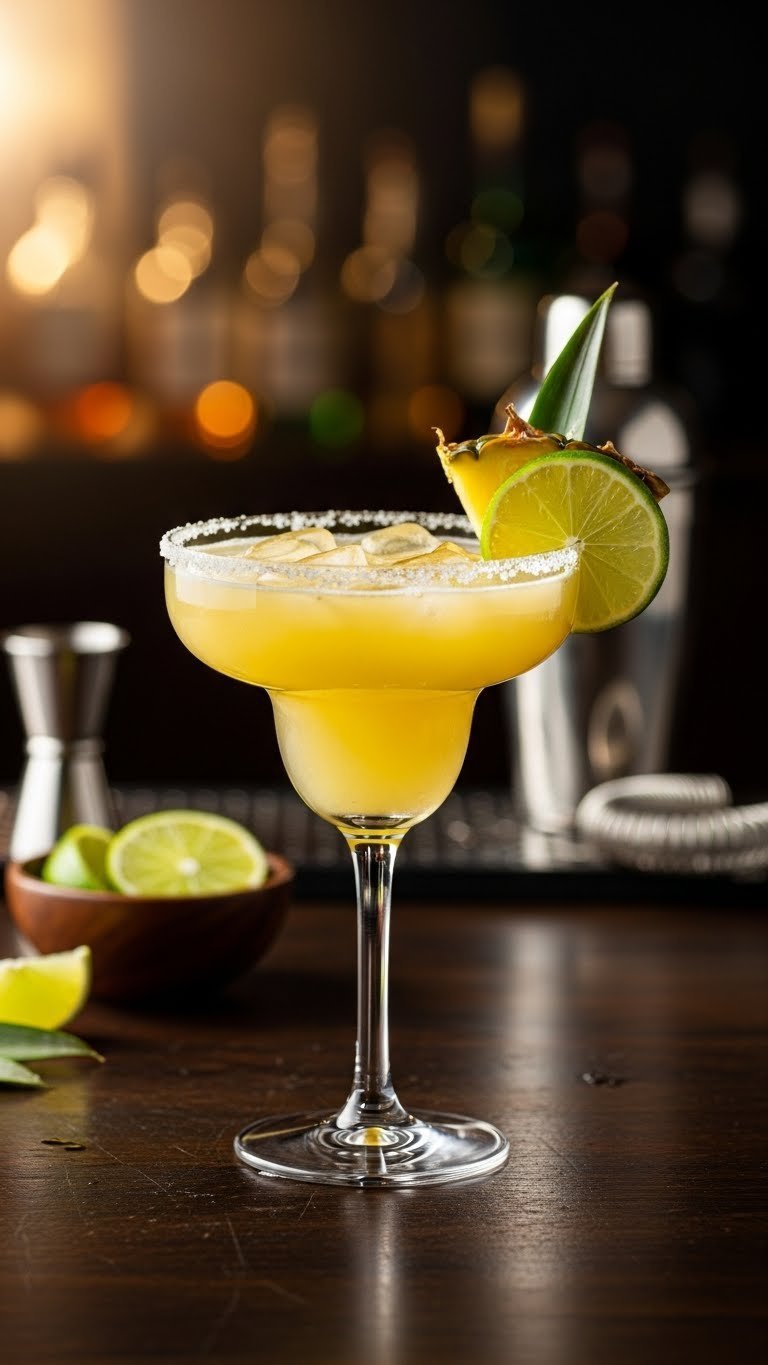 Bright yellow-gold pineapple margarita in salt-rimmed glass with pineapple leaf and lime slice on dark bar top