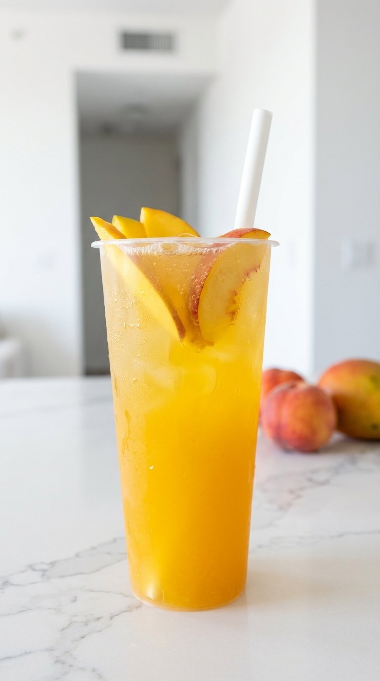 Bright yellow-orange Sugar-Free Mango Peach Infusion Dutch Bros drink with fruit slices in clear cup