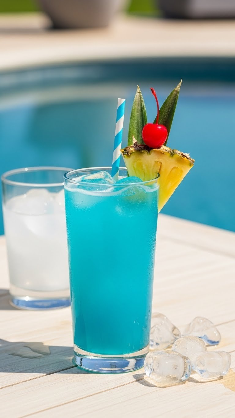 Brilliant blue Blue Lagoon cocktail in highball glass with pineapple garnish on light wooden table.