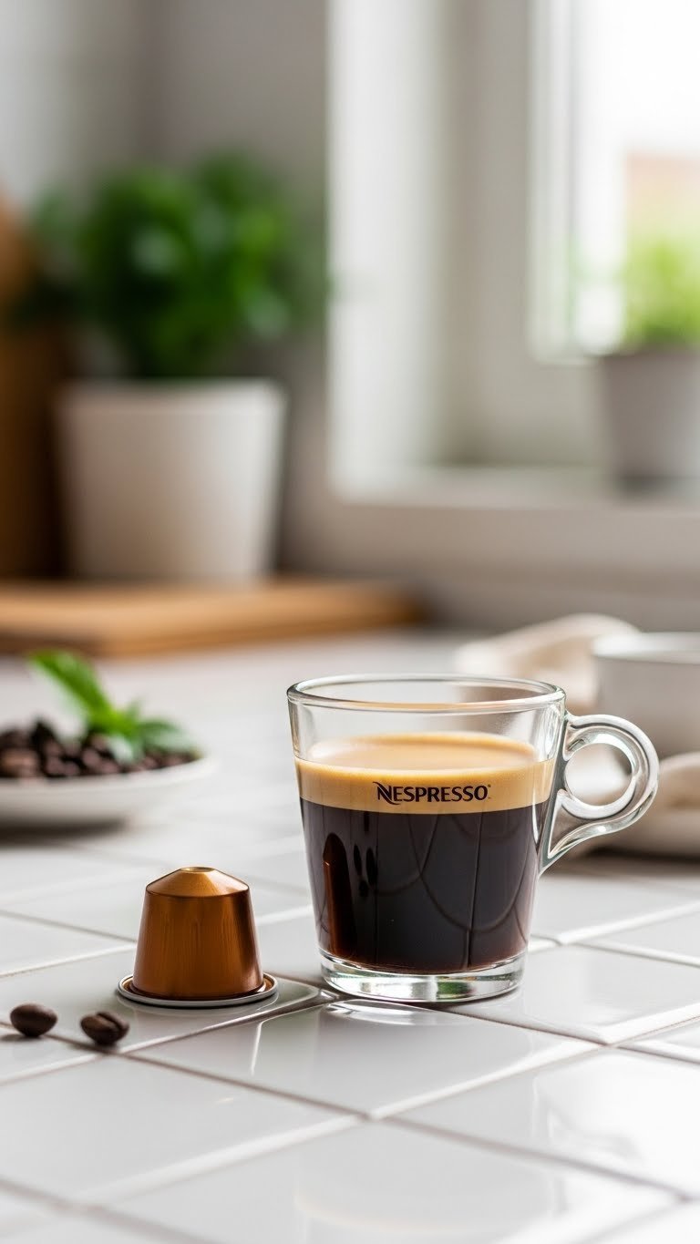Brown Nespresso Original Line Livanto capsule with balanced espresso shot in clear glass on white tile