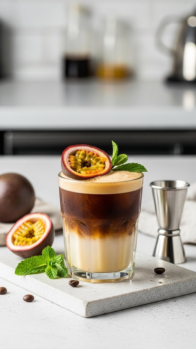 Bubbly passionfruit espresso soda in clear glass with passionfruit and mint garnish