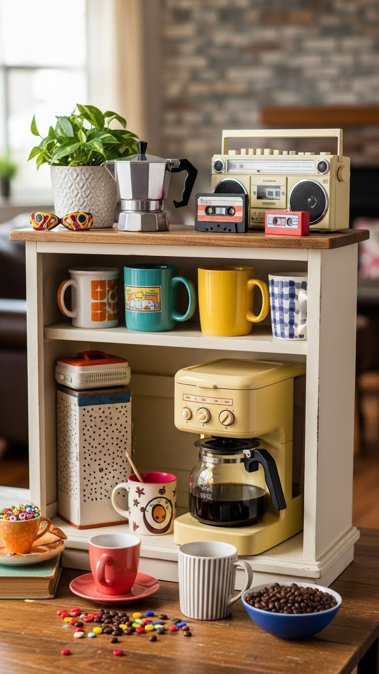 Budget-friendly 80s coffee bar made from repainted vintage cabinet with retro coffee maker and mismatched colorful mugs