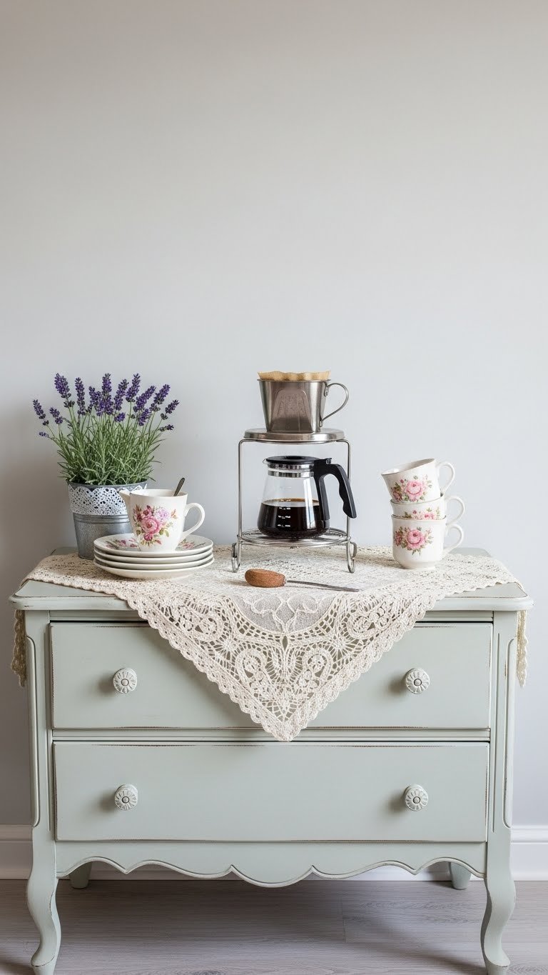 Budget-friendly DIY Victorian coffee bar made from painted dresser with vintage-inspired lace and simple coffee maker
