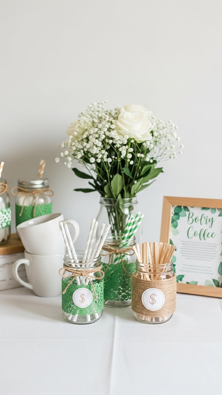 Budget-friendly DIY baby shower coffee corner with decorated glass jars, white ceramic mugs, and twine accents on white tablecloth.