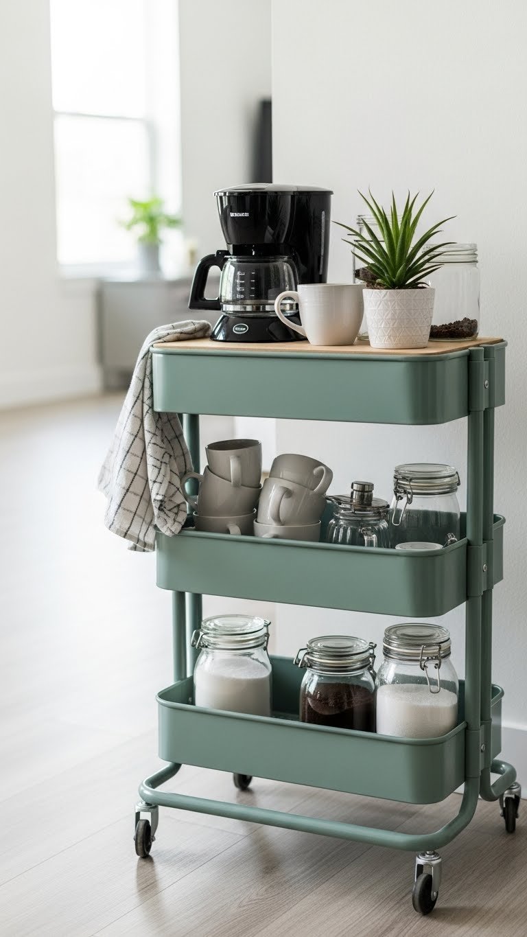 Budget-friendly DIY coffee cart with painted utility cart, coffee maker, and organized mugs in home setting