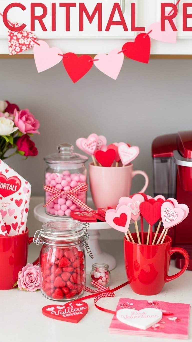 Budget-friendly Valentine's coffee bar featuring Dollar Tree pink mugs and heart candies arranged on laminate countertop