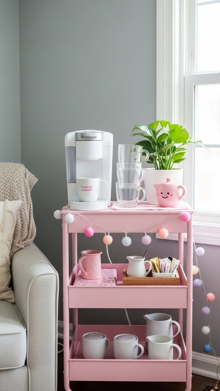 Budget-friendly baby pink coffee cart transformation with white coffee maker and glass mugs