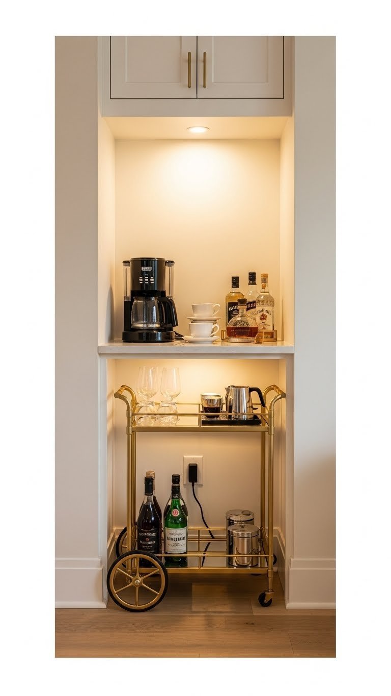 Built-in bar cart niche coffee station with mobile gold cart, high-end coffee maker, and versatile entertaining setup