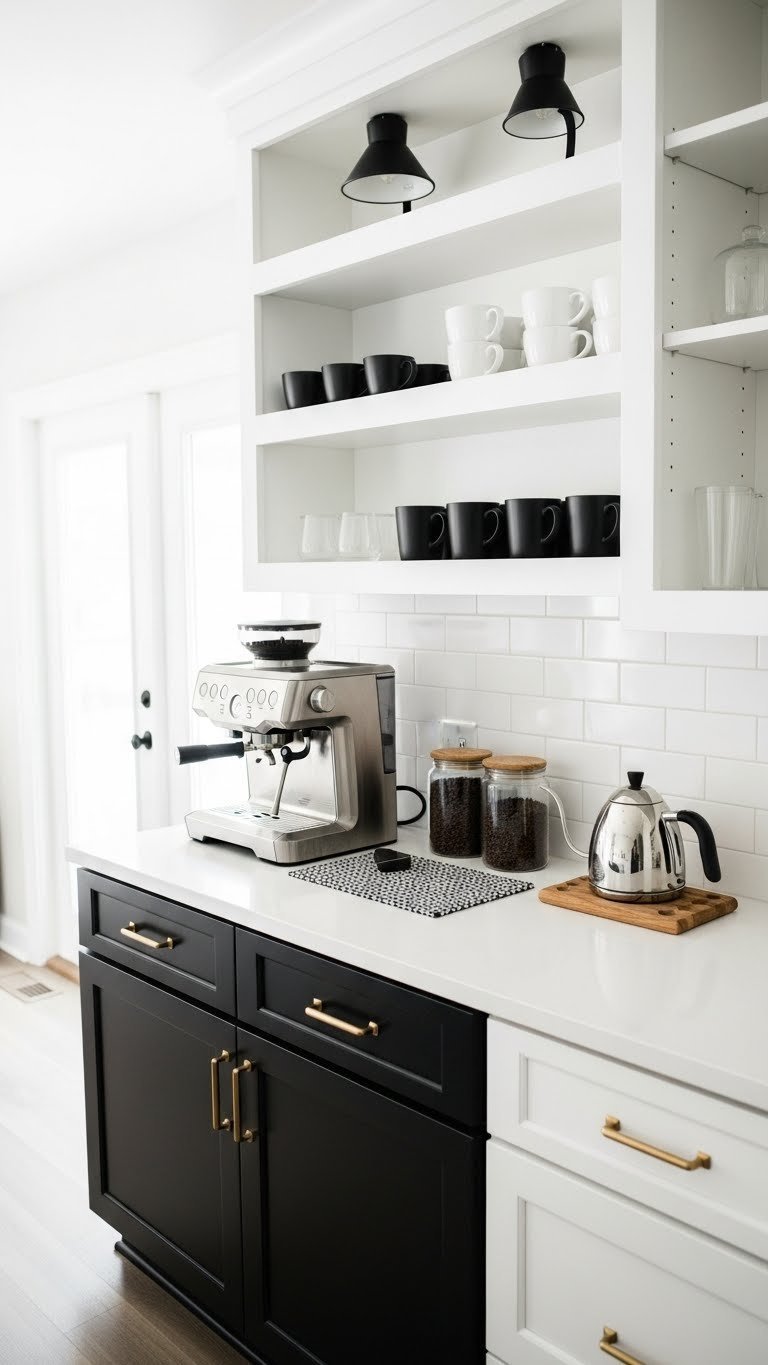 Built-in black and white coffee station with white countertop, espresso machine, and open shelving integrated into kitchen cabinetry