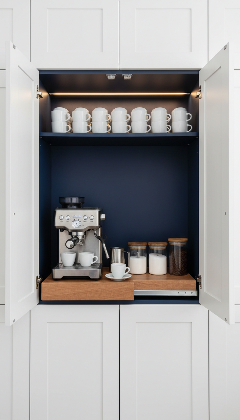 Built-in coffee bar inside navy blue kitchen cabinet with espresso machine on pull-out shelf