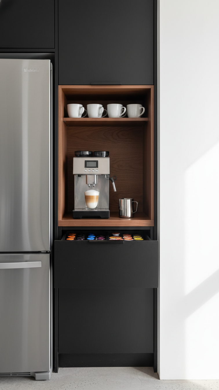 Built-in coffee bar next to refrigerator with matte black narrow cabinet and built-in coffee maker in walnut interior