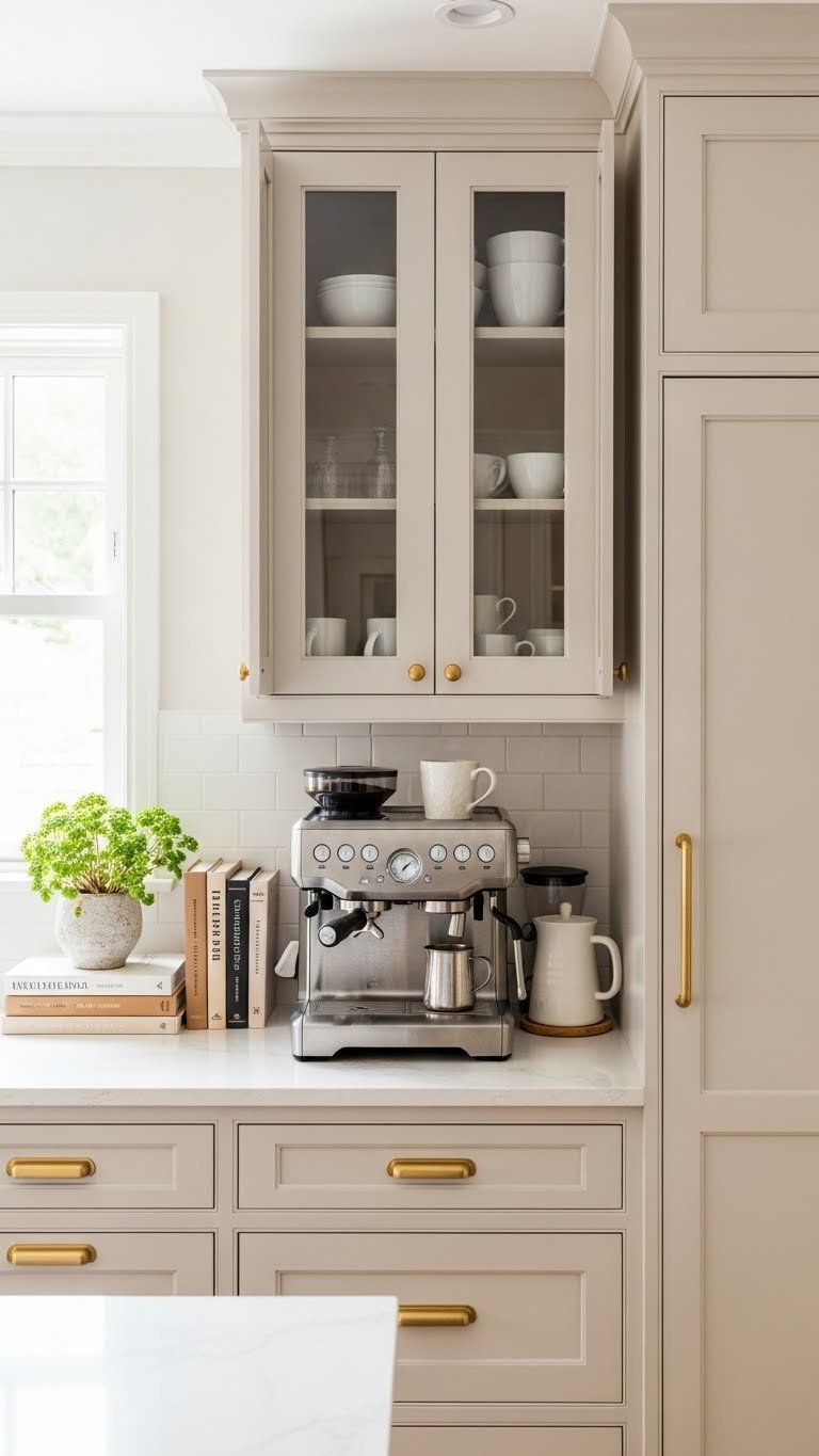 Built-in coffee nook with light shaker-style cabinets featuring brass hardware, espresso machine, and organized mugs on quartz countertop.