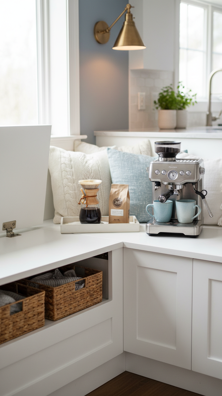 Built-in corner bench coffee station with silver espresso machine and lift-up storage compartments