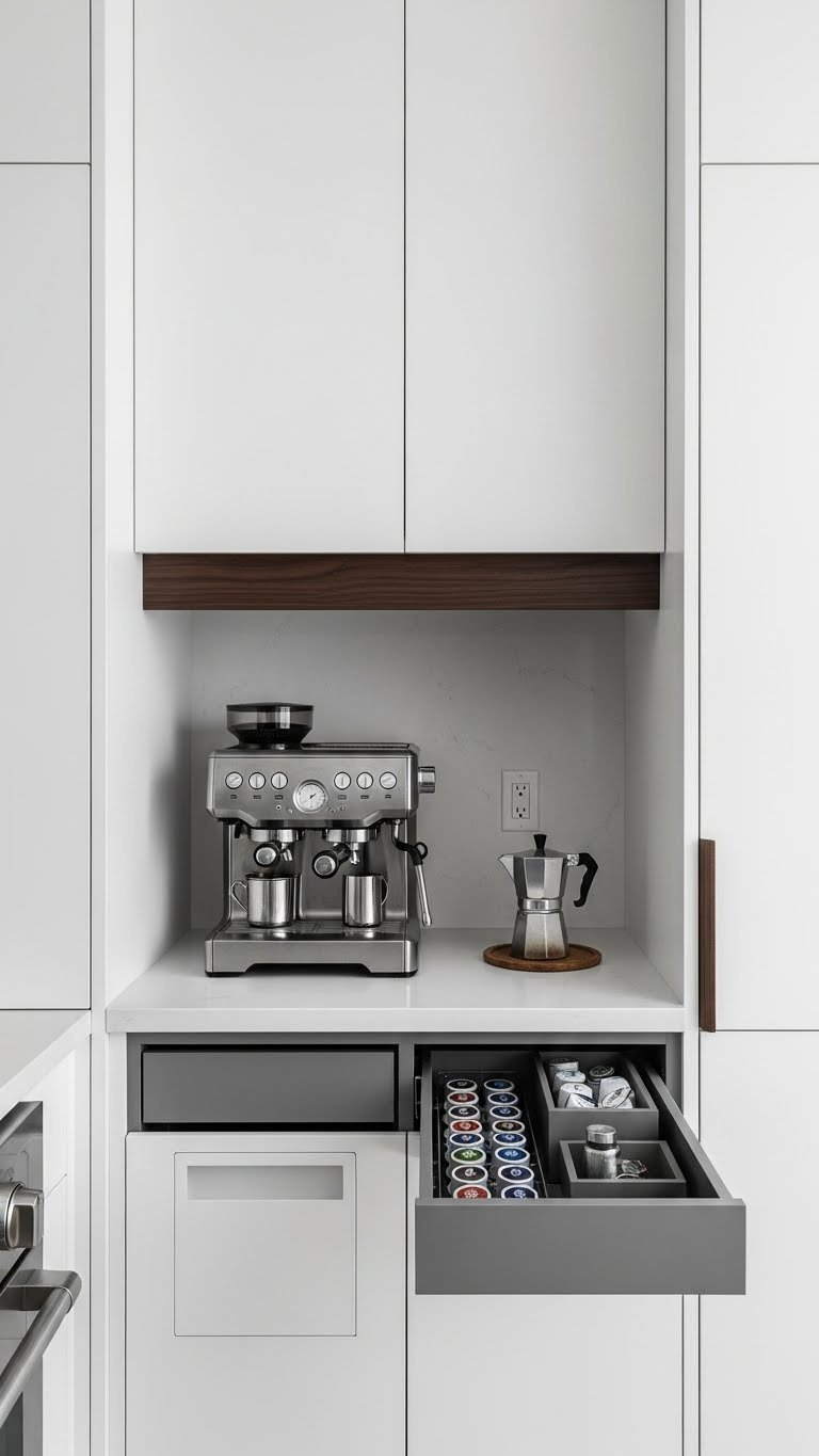 Built-in industrial coffee nook with hidden storage solutions and custom cabinetry for organized functionality