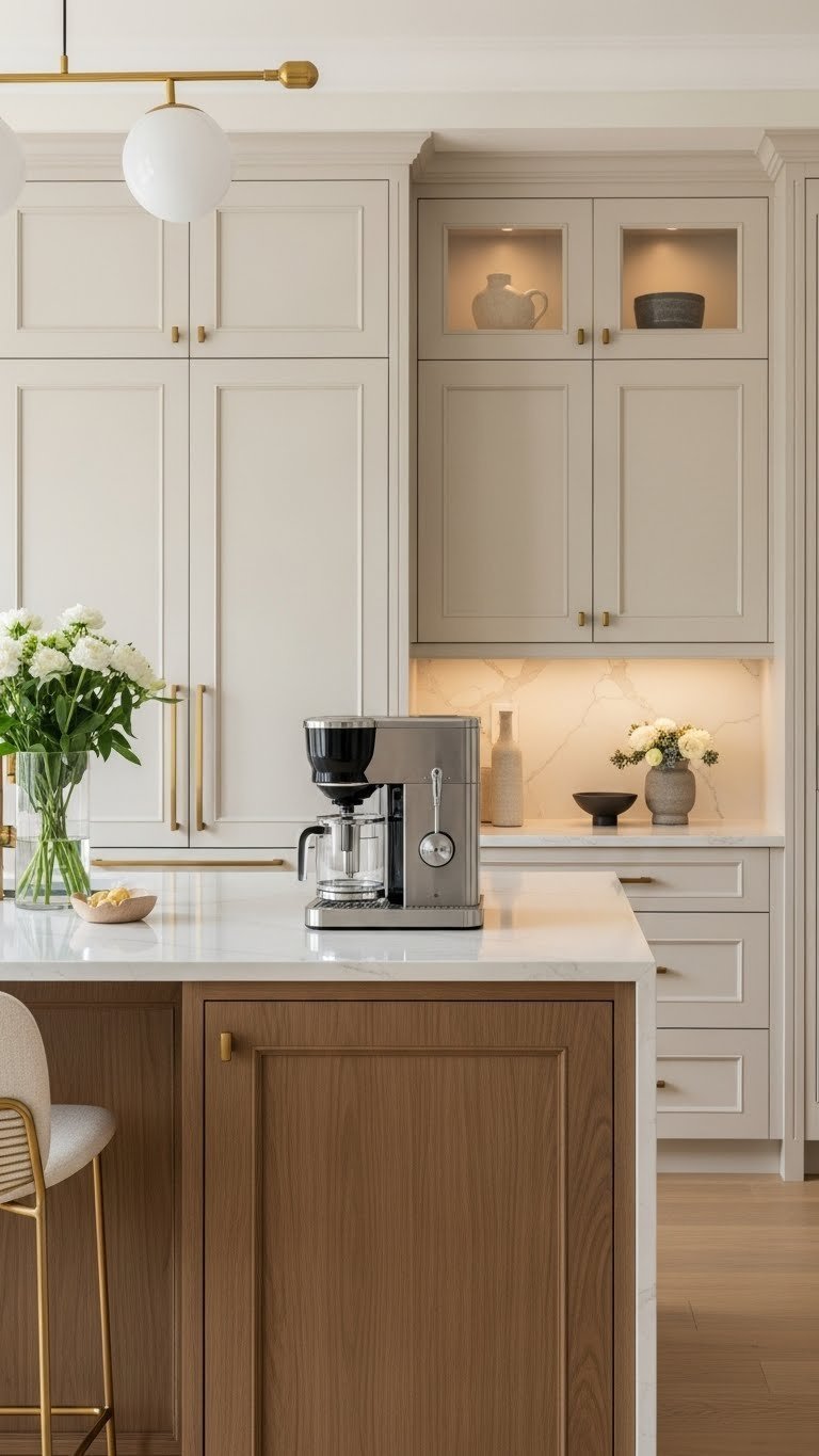 Built-in luxury coffee bar with seamless cabinetry integration in modern kitchen interior with warm cream tones