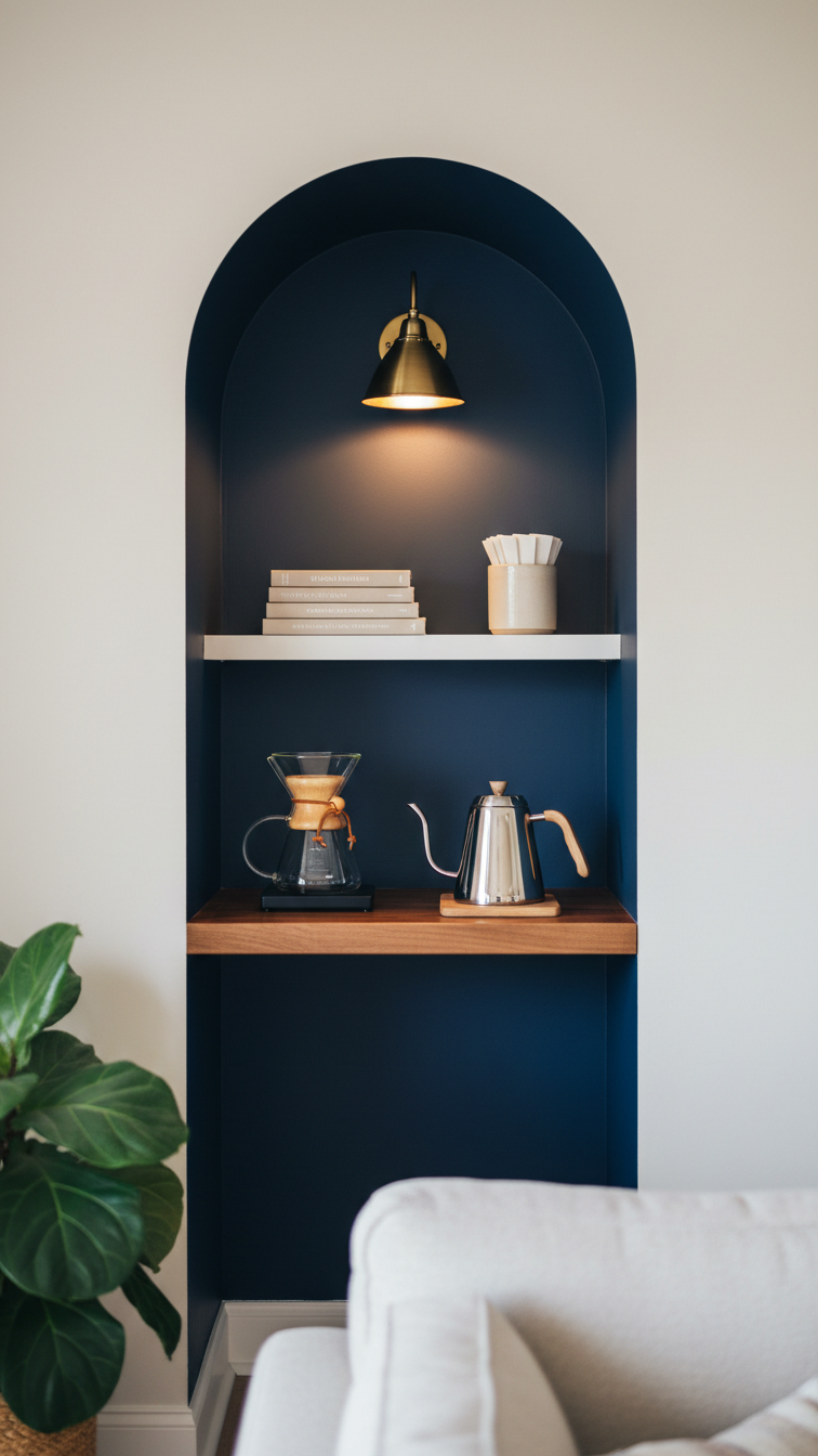 Built-in navy blue coffee nook with pour-over setup and butcher block countertop under brass sconce lighting