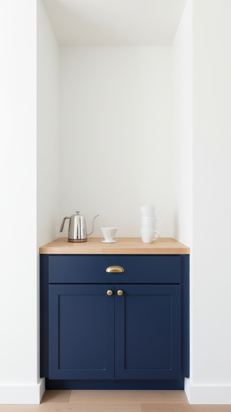 Built-in navy blue pantry coffee cabinet with brass hardware and light butcher block countertop in white pantry