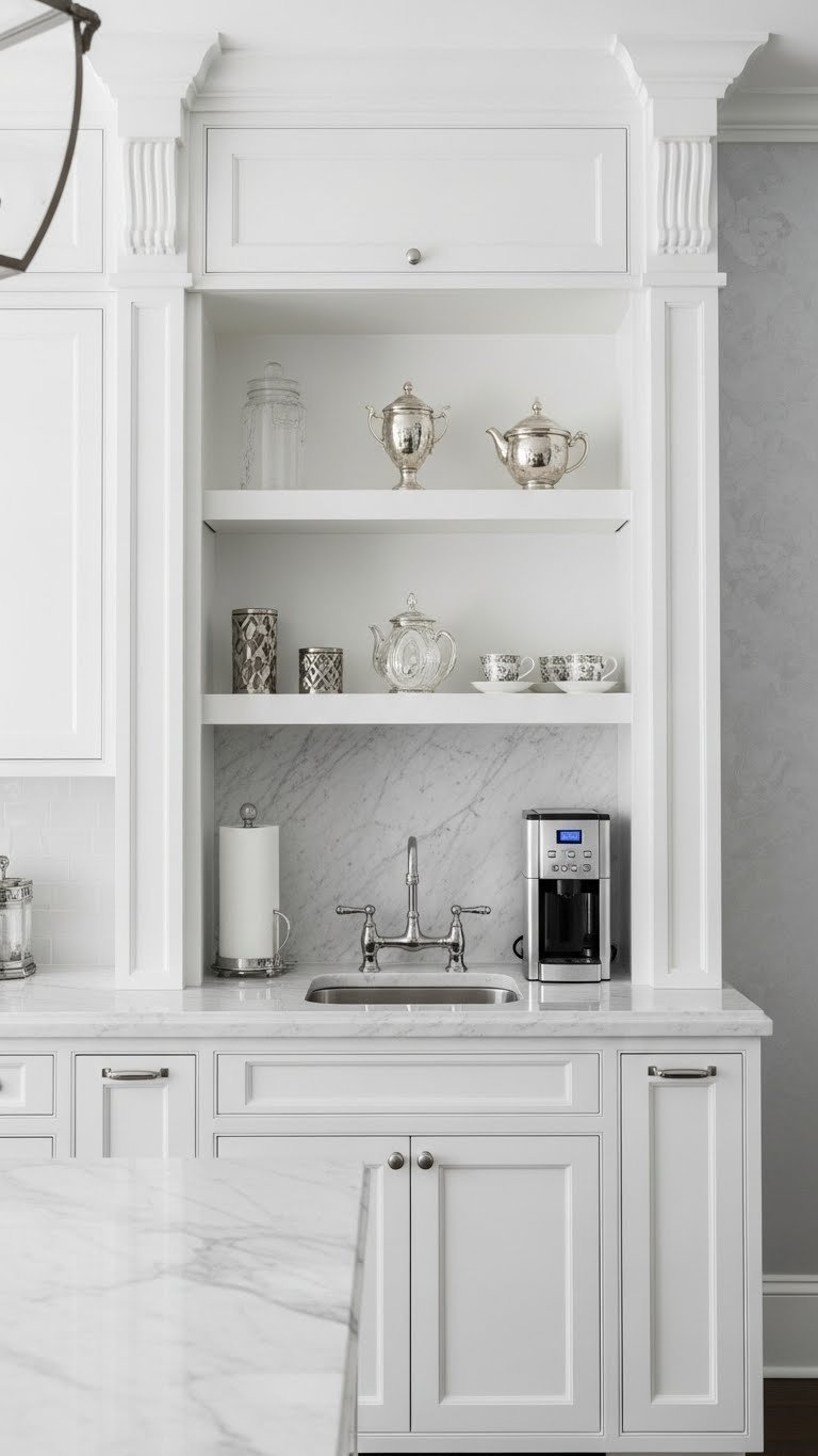 Built-in neoclassical coffee bar with seamless marble countertop, custom cabinetry, and recessed shelving in minimalist kitchen setting