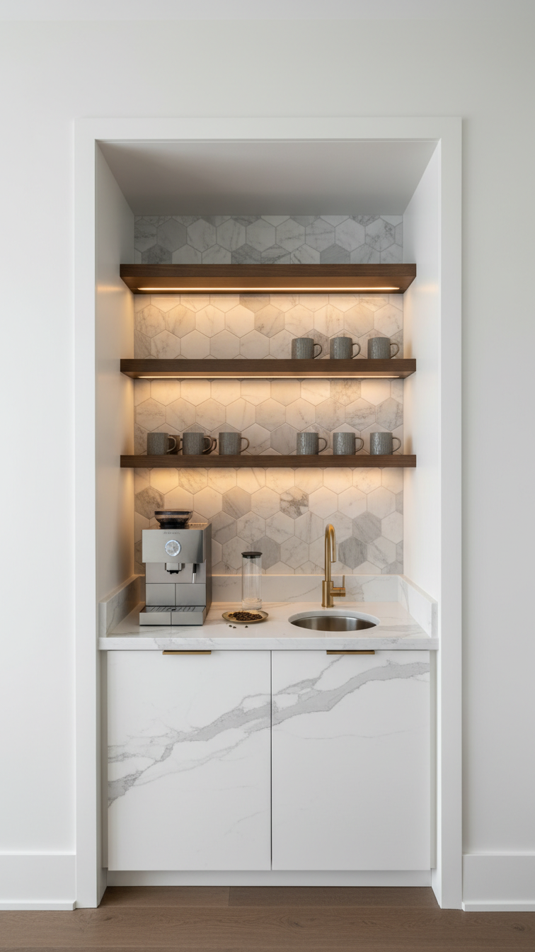 Built-in recessed coffee nook with quartz countertop, tiled backsplash, and integrated coffee machine in bedroom