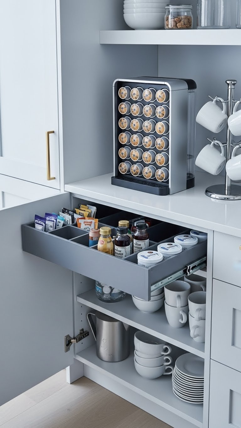 Built-in spice rack organizing coffee pods and supplies in minimalist kitchen with custom storage