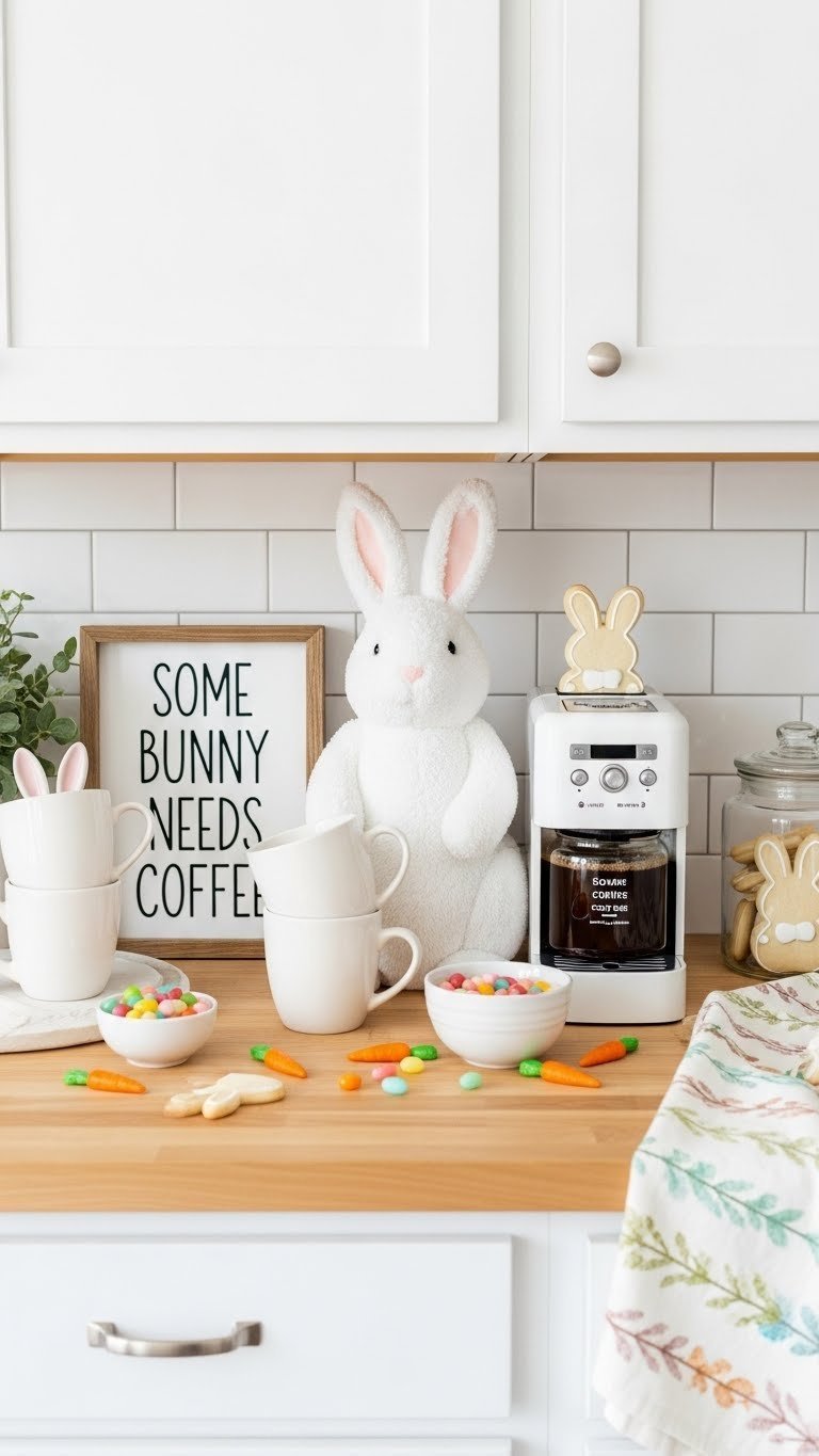 Bunny-themed Easter coffee bar with ceramic mugs featuring bunny ear handles and bunny-shaped sugar cookies