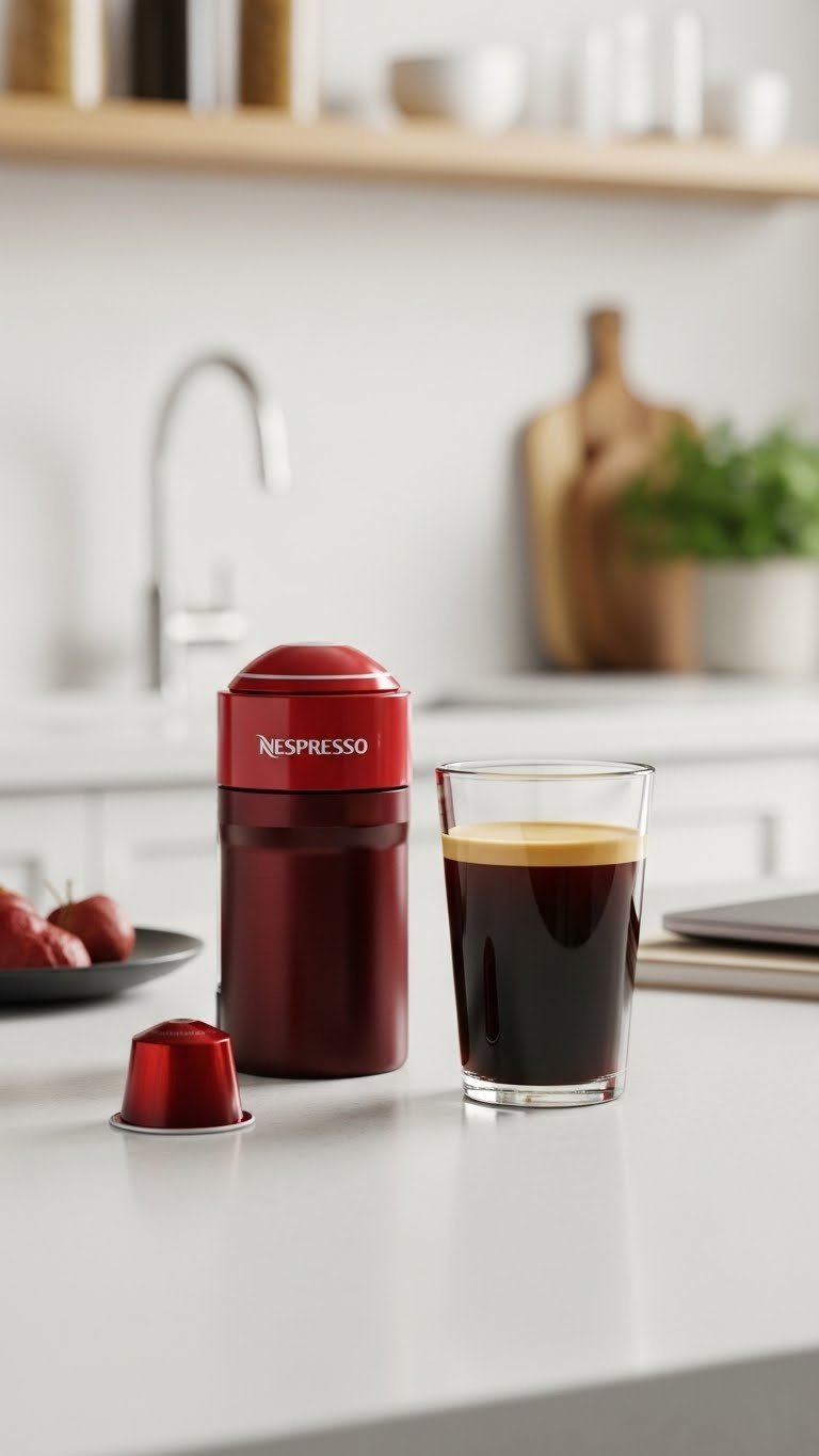 Burgundy Nespresso Vertuo Odacio pod next to tall glass of bold coffee on white countertop