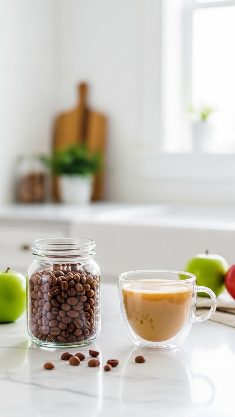 Burundi Red Bourbon coffee beans in clear glass jar with delicate glass cup of light-colored coffee on marble