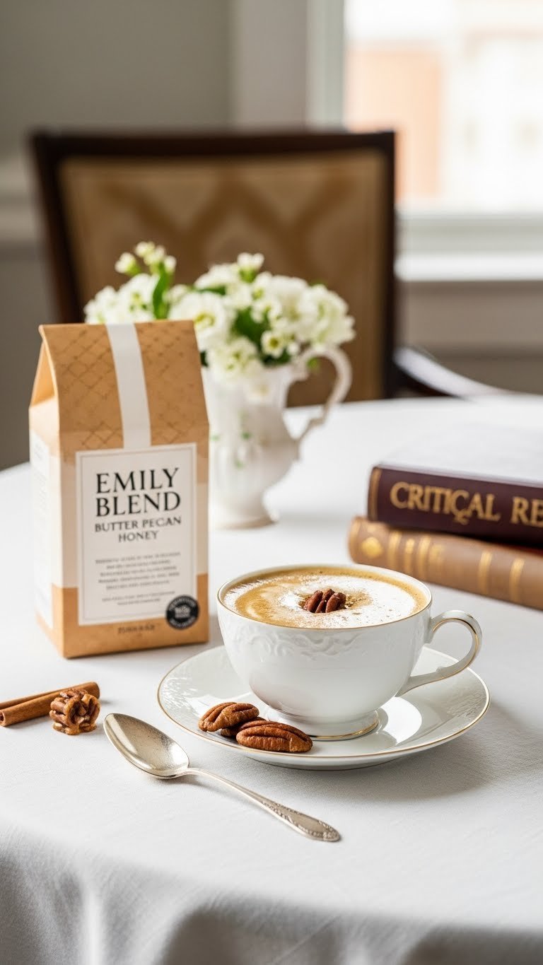 Butter pecan honey coffee in fine china cup with candied pecans on elegant dining table setting.