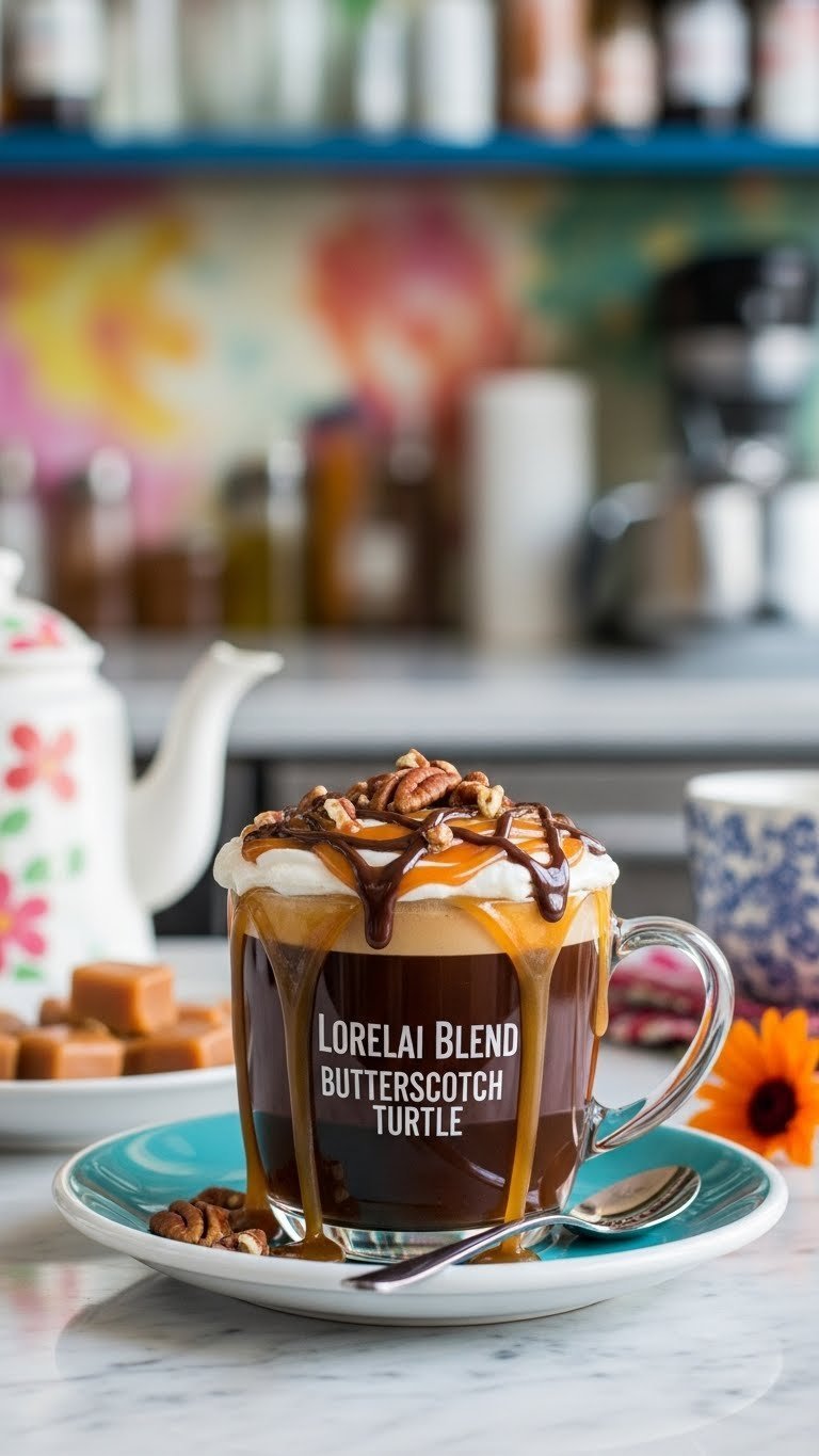 Butterscotch turtle coffee with caramel swirl and chopped pecans in vibrant cafe setting with eclectic decor.