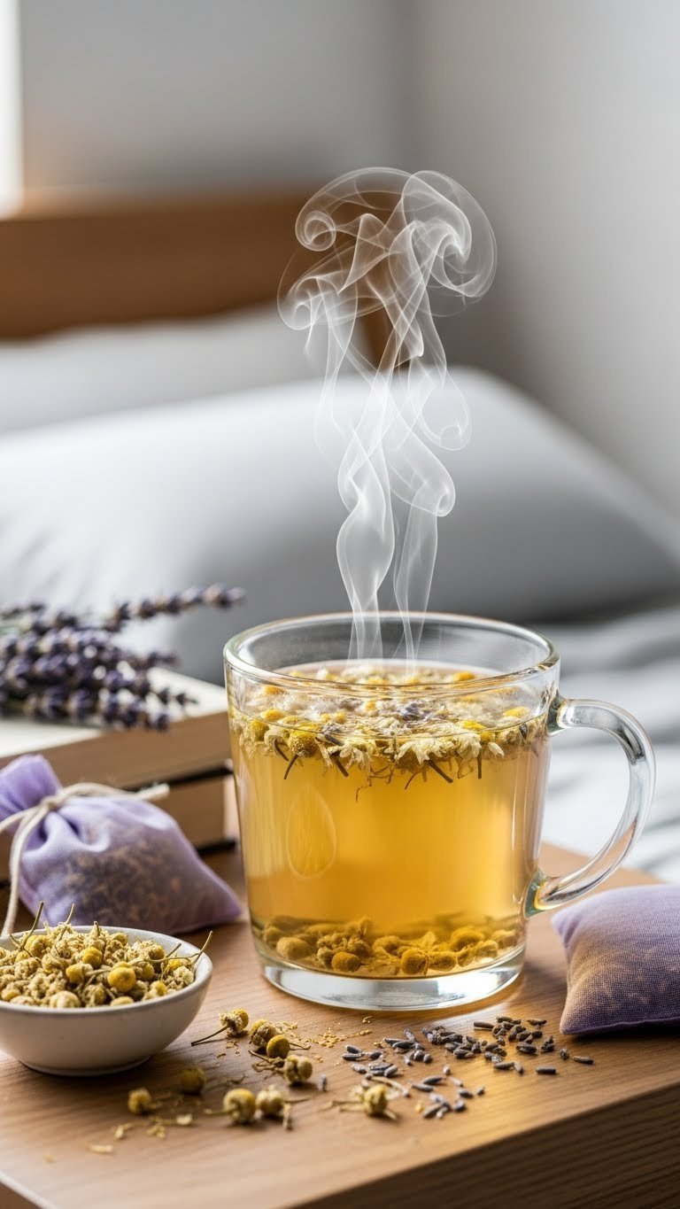 11 Healthy Drink Ideas: Easy Sips for Energy & Weight Loss 17 Calming herbal sleep aid tea blend with chamomile flowers in glass mug on bedside table