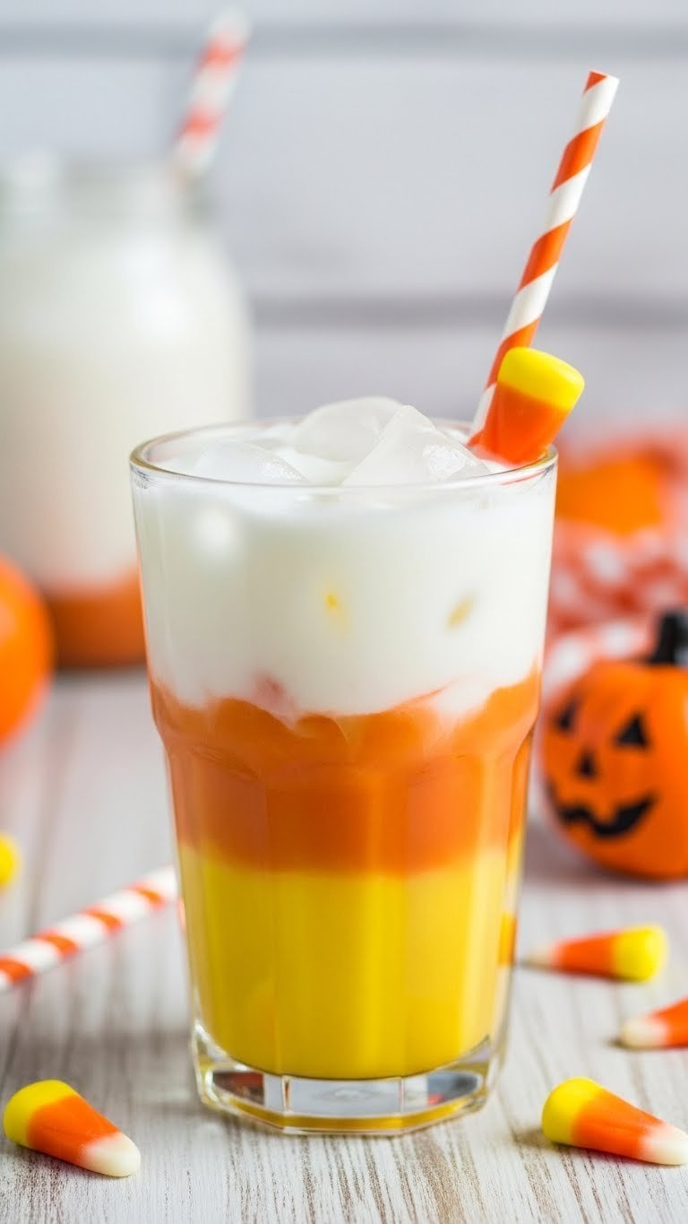 Candy Corn iced coffee with white, orange, and yellow layers in clear glass on light wooden surface
