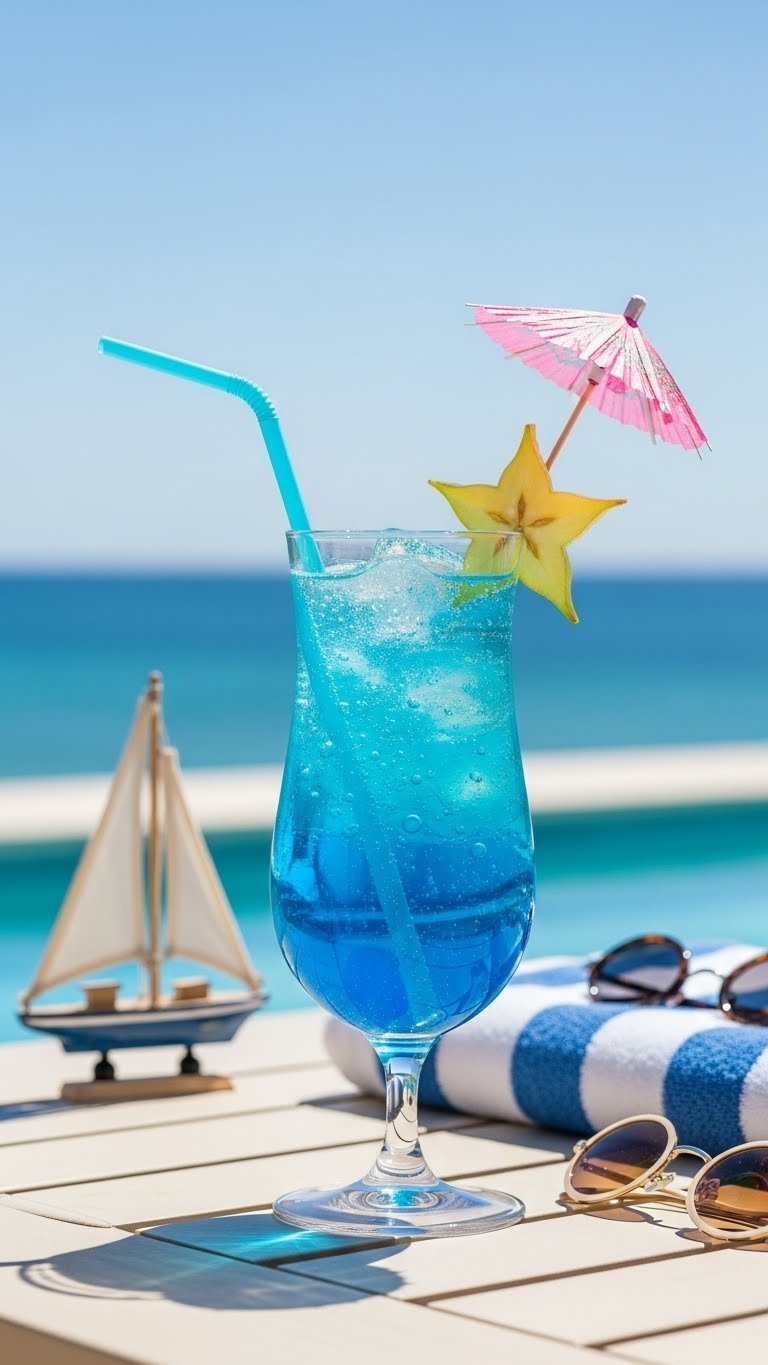 Captivating ocean blue fizzy drink in highball glass with star fruit slice and umbrella on sunny beach patio setting