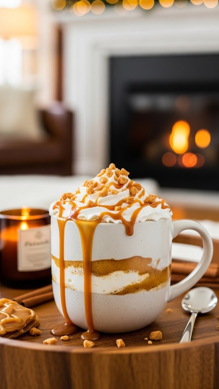 Caramel brulée coffee in ceramic mug with whipped cream, caramel sauce, and crunchy bits on wooden tray