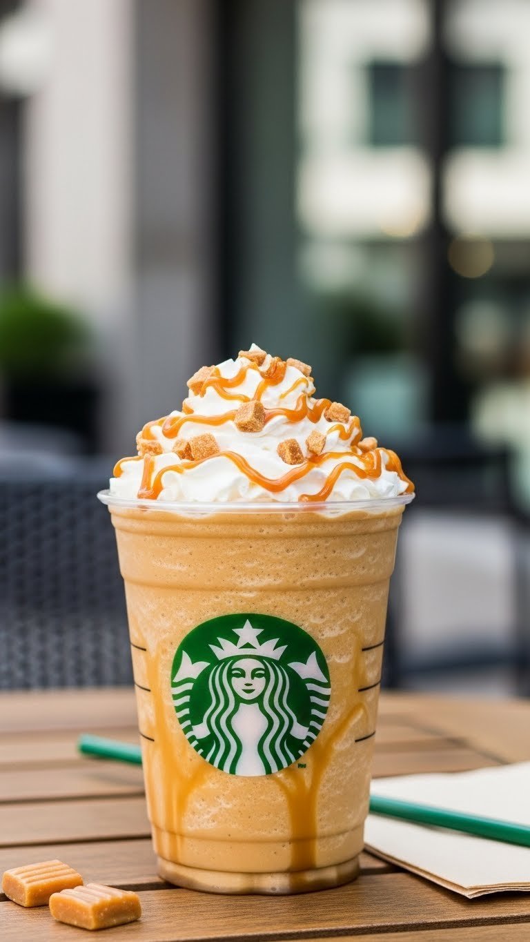 Caramel crunch Frappuccino overflowing with whipped cream and caramel drizzle in clear domed cup.