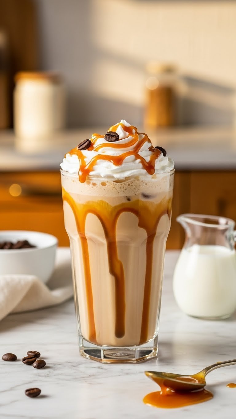 Master 7 Iced Coffee Flavors at Home: Barista Secrets 3 Caramel drizzle iced coffee in clear glass with whipped cream topping and coffee beans on marble countertop in golden hour light