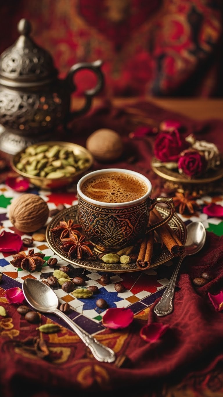 Cardamom-spiced Turkish coffee in ornate cup surrounded by exotic spices on Moroccan tile surface