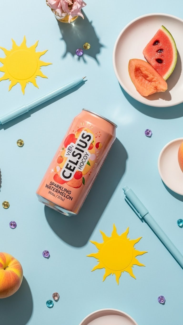 Celsius energy drink hoco poster with bright pastel colors and clean modern design elements