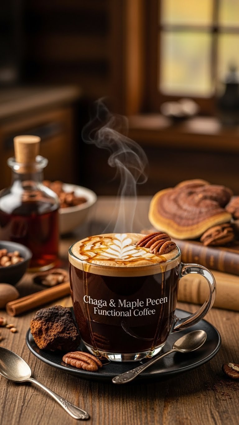 Chaga mushroom maple pecan coffee with maple drizzle and pecan garnish on rustic wooden table