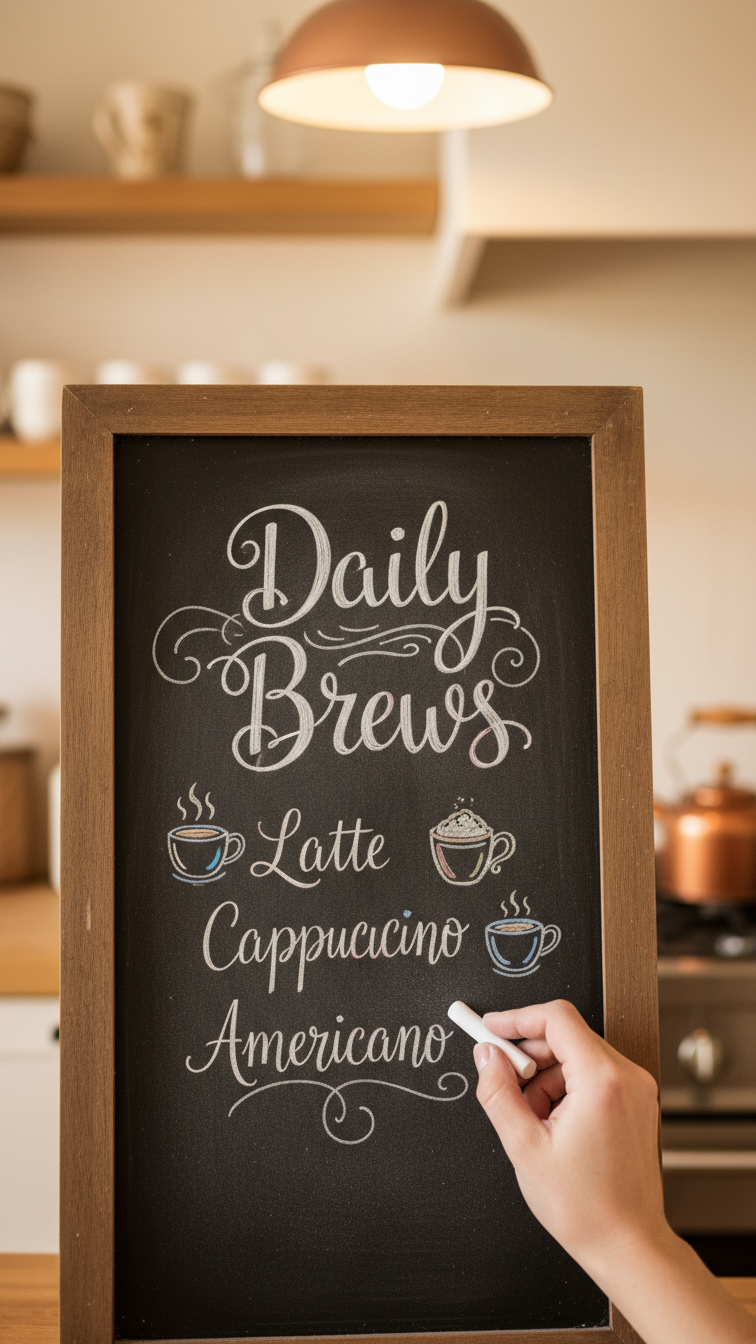 Chalkboard coffee menu with hand-lettered 'Daily Brews' in rustic wood frame on kitchen wall