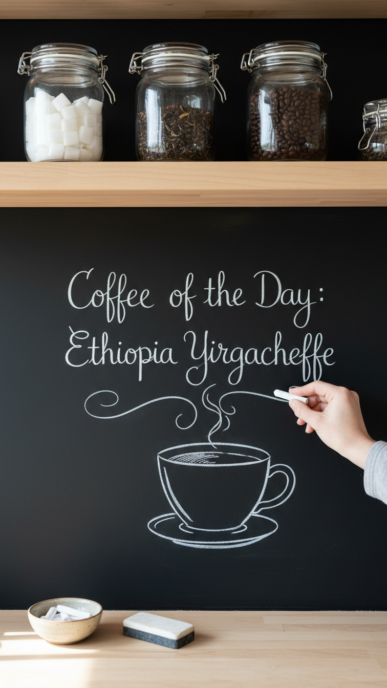 Chalkboard paint backsplash with hand-drawn coffee menu and floating shelves holding coffee supplies