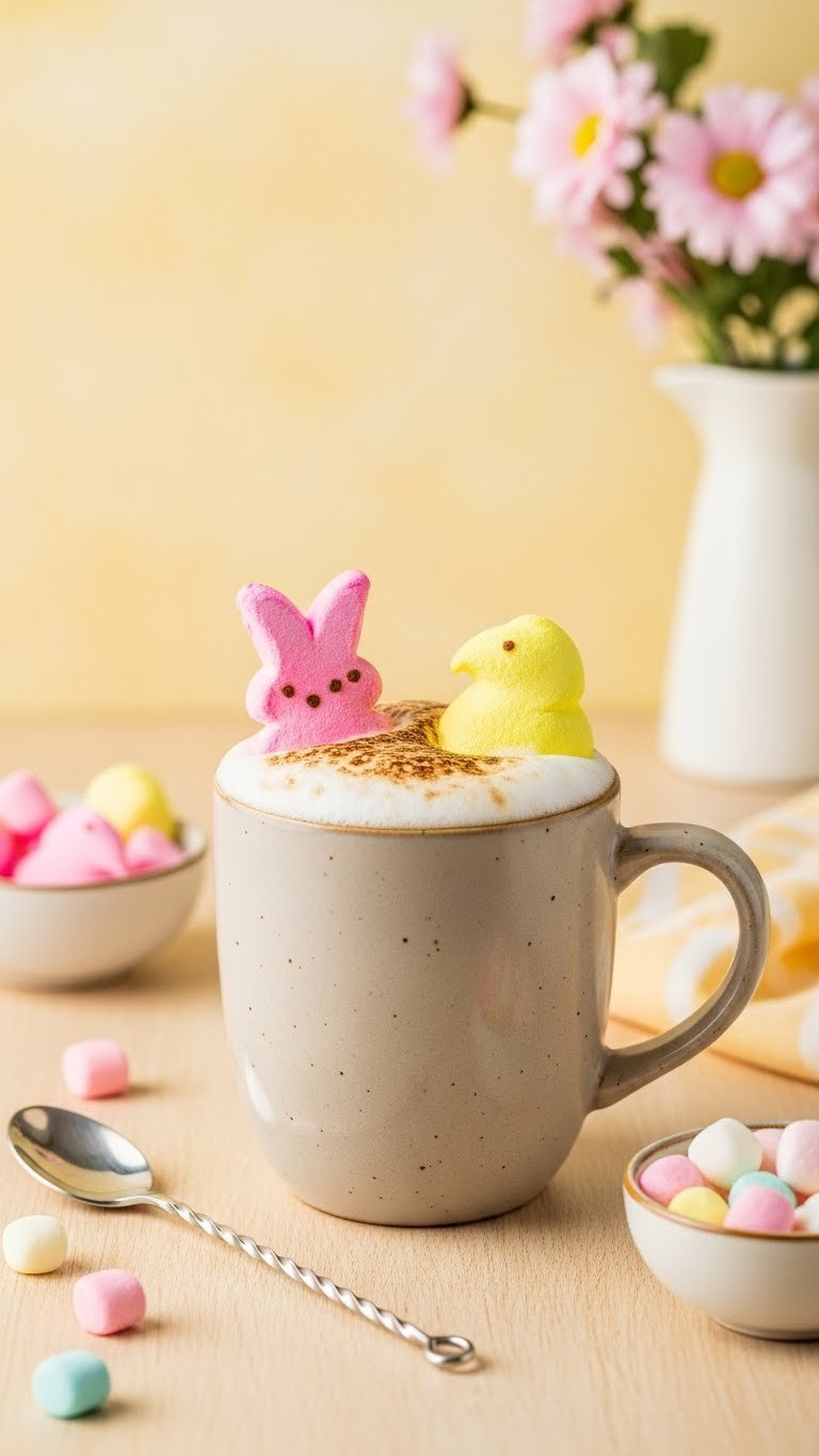 Charming Marshmallow Peep latte in ceramic mug with toasted pink peep, frothy foam, and pastel yellow background