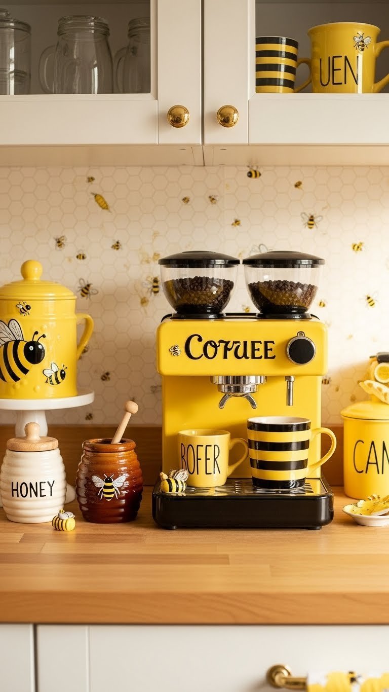 Charming bee-themed yellow coffee bar with honeycomb pattern and bee decor elements