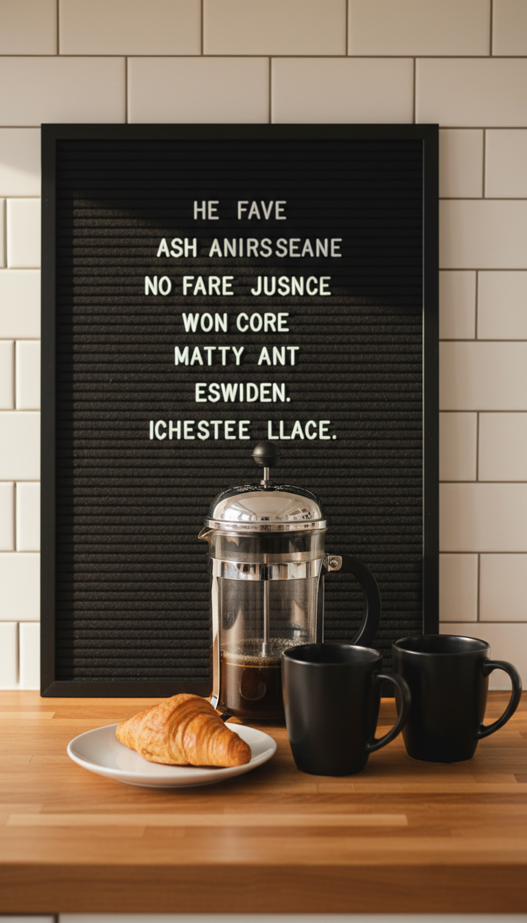 Charming coffee bar with black felt letter board, French press, and mugs on butcher block countertop