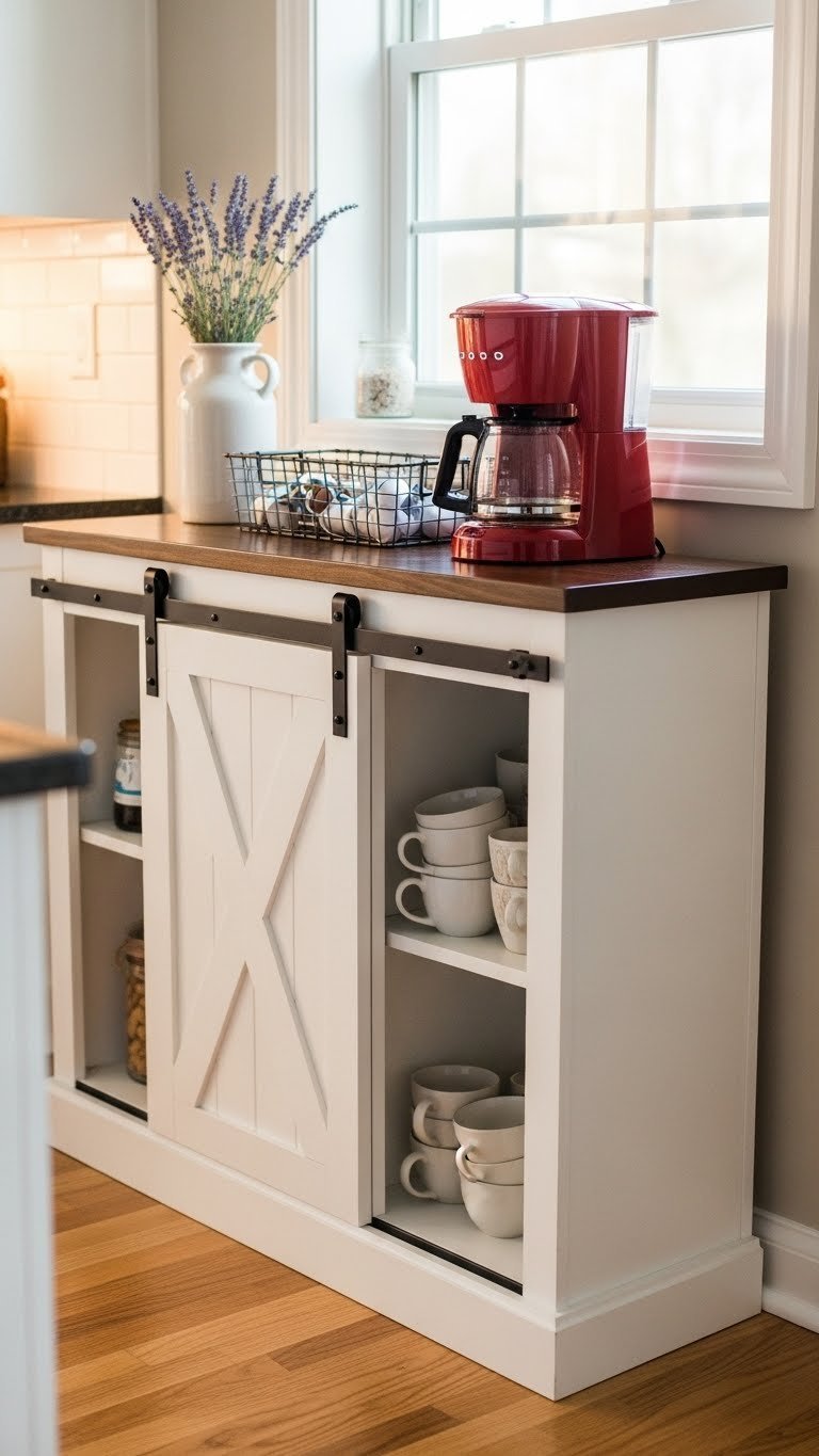 Charming farmhouse coffee bar cabinet with sliding barn door, red drip coffee maker, and lavender arrangement.
