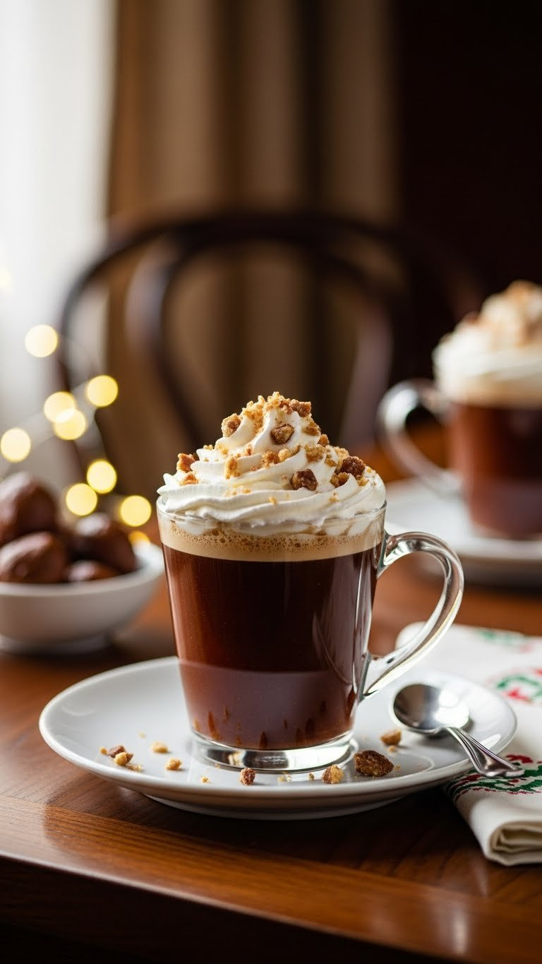 Chestnut praline coffee with whipped cream, crushed candied chestnuts, and caramel drizzle on polished wood.