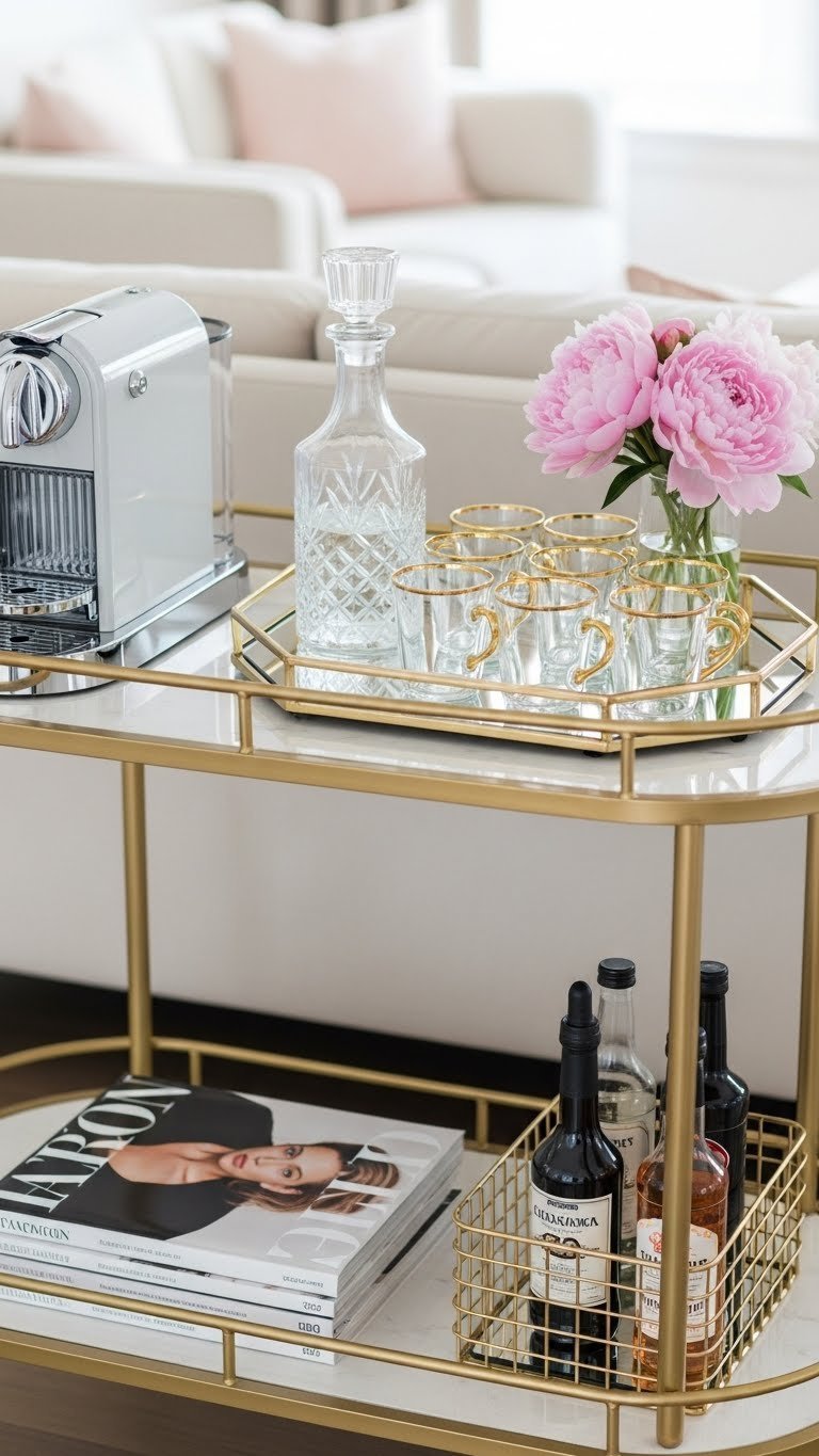 Chic glam coffee bar cart with gold frame and marble shelves, pastel coffee machine, crystal decanter, and pink peonies arrangement.