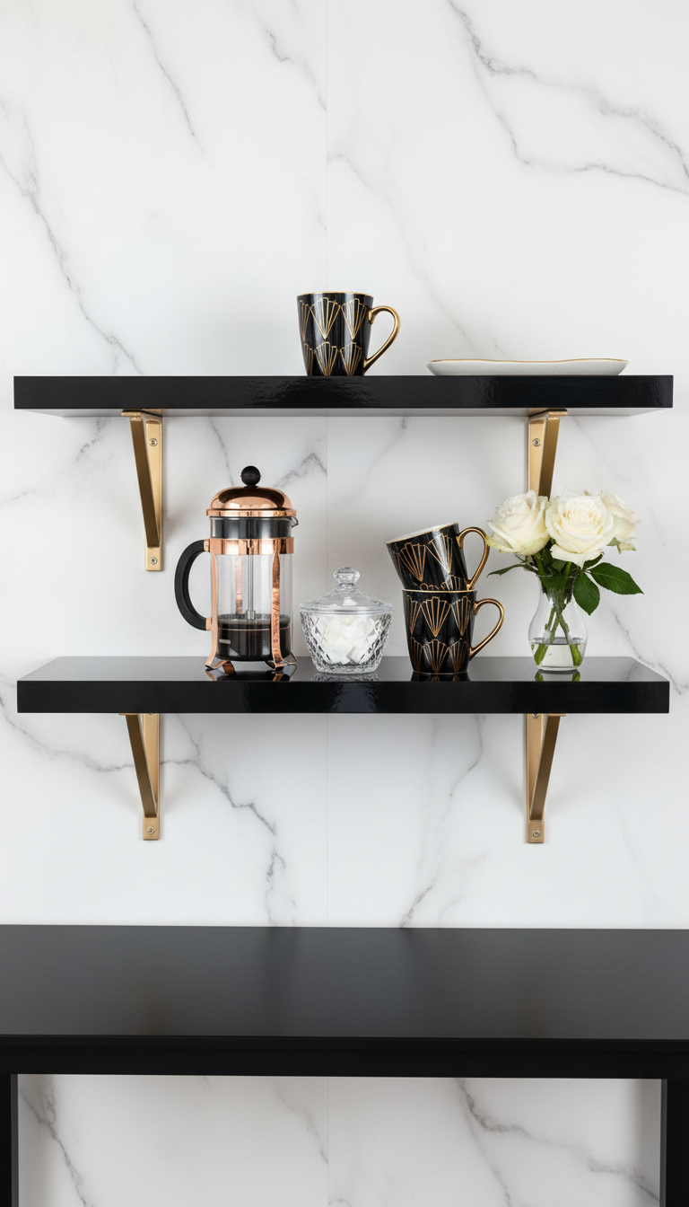 Chic glamorous coffee bar with glossy black shelves and gold brackets on marble wallpaper, featuring rose gold French press