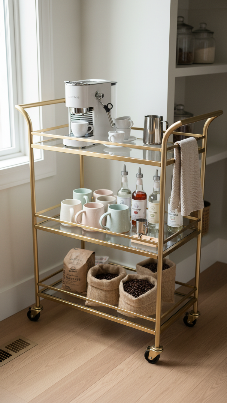 Chic gold bar cart coffee station in pantry corner with white espresso machine and three-tier organization system